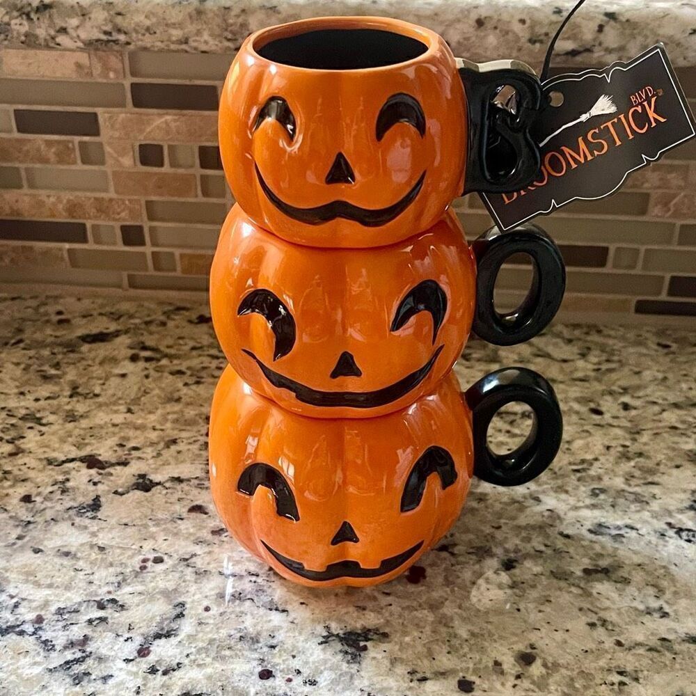 Broomstick Blvd Brand 3 Size Ceramic Smiling Jack O Lantern Stackable Mug Set